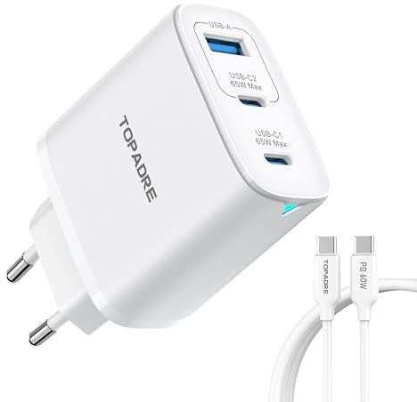TOPADRE 65W Chargeur USB C Rapide, 3-Ports Prise USB C GaN Tech PD3.0 PPS avec 60W Câble pour iPhone 16 15 14 13 12 11, Galaxy S25 S24 S23 Note Pixel 9 8 7 iPad MacBook Air Pro M3 M2 M1, Blanc