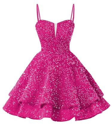 Vestito da ritorno a casa con paillettes per adolescenti scintillante scollo a V abiti da ballo abiti da cocktail corti a strati, Fucsia, 36