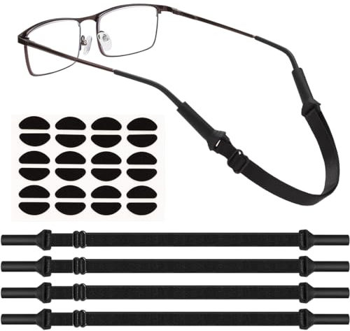 OQKAHIV Cinturino per Occhiali Regolabile - 4 Cinghie Elastiche in Silicone Antiscivolo per Occhiali da Sole e Sportivi - Cordino con 1pcs Naselli per Uomo e Donna - Nero