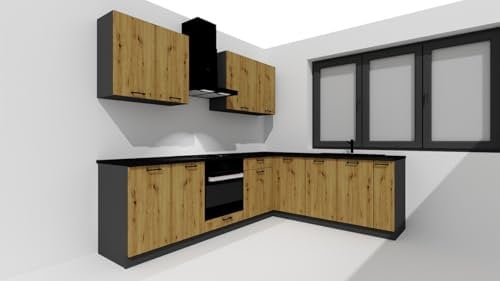 PEGANE Cuisine complète d'angle ANIA 9 éléments Couleur Chêne Artisan, Graphite - Longueur 200/260 cm