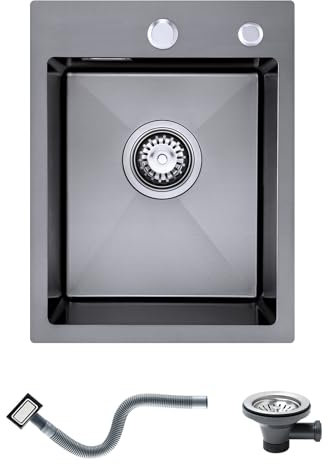 KINKIBOS Fregadero de cocina pequeño de acero inoxidable 304 de 35 x 45 cm, fregadero de cocina de montaje superior con orificio para grifo y rebosadero (sin tubo de drenaje), 1 cuenco, color gris y