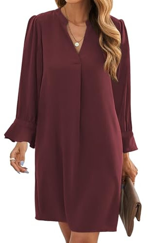 Famulily Elegant Dresses for Women Long Sleeve Ruffled Shift Dress Casual Plain Vacation Fall Dresses Wine M