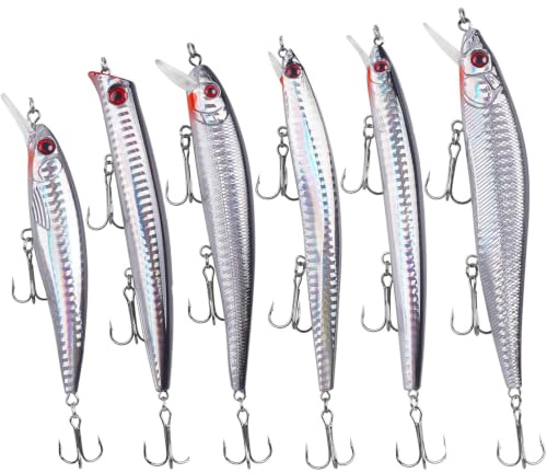 6 Stück Angeln Kunstköder Set, Wobbler Blinker Angelköder Minnow Hartköder mit Drillingshaken Surf Angelköder Jerkbait Popper Schwimmköder für Striper Bass Lachs Salzwasser Süßwasser