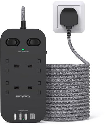 Black Extension Lead 5M, Extension Cable with 4 Way Outlets 4 USB Slots(1 USB C), Surge Protected Extension Lead with Double Switches, 15Ft Braided Extension Cord for Office Home Accessories