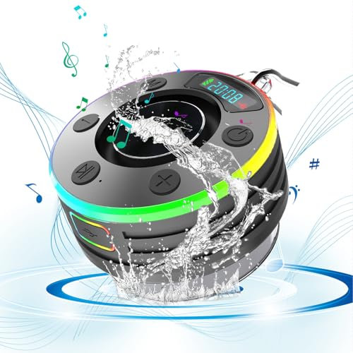 Bluetooth Dusche Lautsprecher, 5.3 Bluetooth Lautsprecher IPX7 Wasserdicht Lautsprecher mit RGB Licht Multifunktional 360° Stereo Sound Dusche BT Lautsprecher für Dusche Party Reisen (Schwarz)