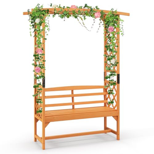 COSTWAY Rosenbogen mit Bank, Gartenbogen Holz, Torbogen für Kletterpflanzen, 2-Sitzer Gartenbank mit Rankhilfe, Sitzbank mit Rankgitter, Rankbogen für Garten, 160 x 50 x 199 cm