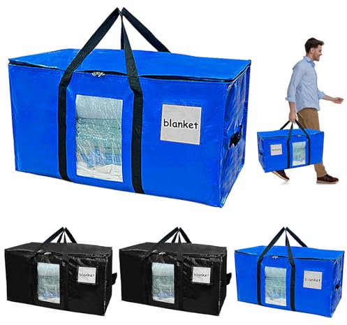 LPAMABA 4 Stück 100L Große Aufbewahrungstasche Umzugstaschen mit Griffe & Deckel Sichtfenster Wasserdichte Umzugshelfer Heavy-Duty Umzugskartons, Alternative zu Umzugskartons (Blau & Schwarz)