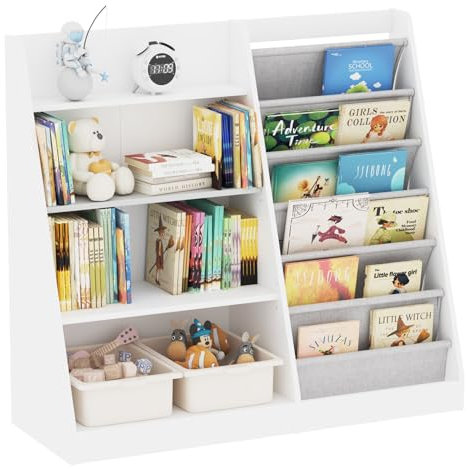 Kids Bookshelf and Toy Storage, Children Bookcase 4 Tier 6 Sling Book Shelf, Toddler Book Display and Toy Organizer Cabinet for Playroom,Kids room,Toddler Room,Nursery,Classroom (White+Large Size)