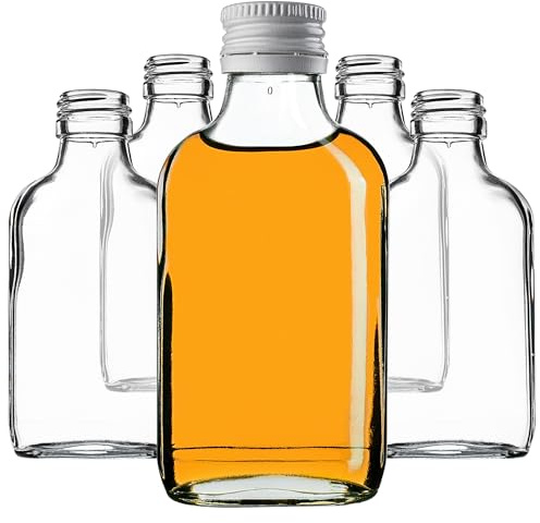 KADAX Lot de 100 gourdes plates en verre 100ml – Petites fioles à bouchon vissant pour liqueurs, alcools & décorations