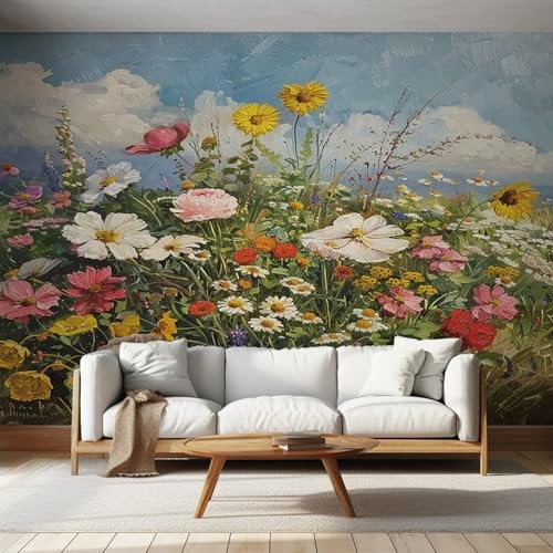 Multicolor Mural Wallpaper, Farmhouse Vintage Floral Wallpaper for Living Room, Children's Room, Hotel Wall Background, Wall Decoration Non-Woven 300 x 210 cm (WxH)