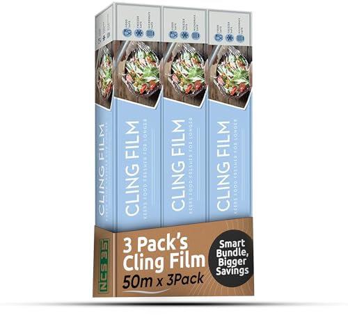 NCS35® Film étirable 3 x 50 m x 300 mm de large | Solide, sans BPA, passe au micro-ondes | Restauration et cuisine Facile à utiliser Emballage alimentaire sandwichs tout usage cuisine Frinedly