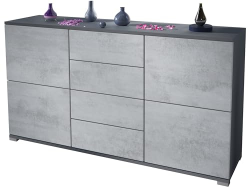 Vladon Sideboard Rova V1, Kommode mit 4 Türen und 4 Schubladen, Anthrazit matt/Beton Oxid Optik (138,5 x 75,5 x 35)