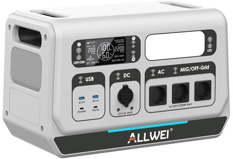 ALLWEI Balkonkraftwerk mit Speicher, 2048Wh LiFePO4 Powerstation Grid All-in-one Gerät, 2200W Ausgang, Eingebauter 800W Micro Wechselrichter, 1600W Solar Eingang, Plug&Play Installation