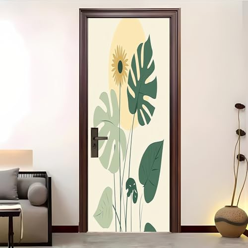 3d Türtapete Selbstklebend 77x200 cm DIY Wandbild Tropische Monstera-Blatt-Illustration Wasserdicht Türposter PVC Türaufkleber Beige Fototapete Türfolie für Wohnzimmer Schlafzimmer Küche Tür