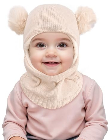 HZHSGLY Kids Winter Hat, Toddler Winter Hat Warm Baby Earflap Beanies Hood Windproof Balaclava Neck Warmer Scarf with Double Pom for Toddler Boys Girls 2-8 Years (UK, Age, One Size, Beige)