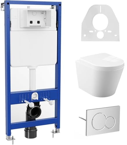 Vorwandelement WC Set Komplett – Höhenverstellbares Hänge-WC mit D-Form Sitz & Absenkautomatik, Spülkasten mit Schallschutz, Wassersparend (3/6L), 500kg Tragkraft – Weiß, Modern & Hygienisch