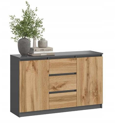 BDW - Kommode mit Schubladen - Sideboard Wohnzimmer - 120cm breit, 97cm hoch - für Schlafzimmer, Kinderzimmer, Jugendzimmer, Flur - aus solider laminierter Möbelplatte - COCO Graphit/Eiche Wotan 2D3SZ