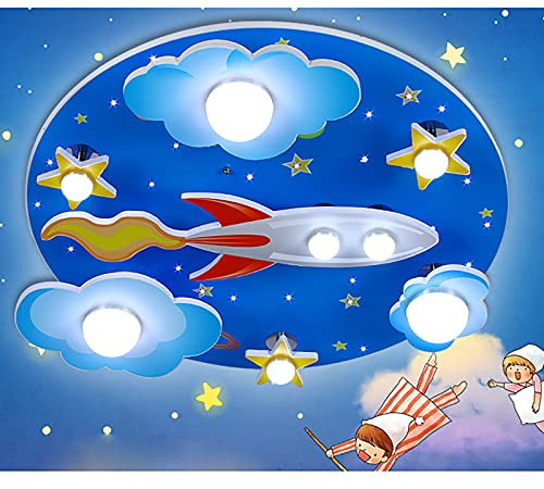 DWIKRYT Moderne Dimmbare Deckenleuchte, Kreative Rakete Deckenleuchte mit 3 E27 Lichtfarben und Blauen Sternenhimmels Thema für Jungen und Mädchen, Kinder Zimmer 60 * 20cm