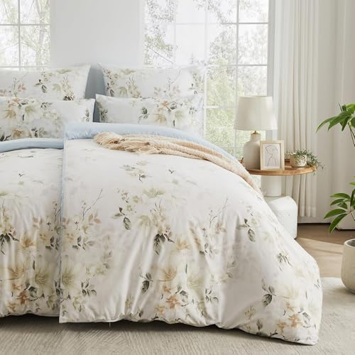 Qucover Bettwäsche 155x220cm,Bettwäsche 3teilig mit 2 Kissenbezüge 80x80cm, Blumen Bettbezug Landhausstil mit Blätter Blumen Pflanzen, Microfaser, Weiße Blumen