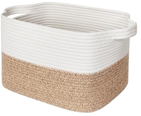 WILLITAT Woven Storage Basket, Medium Cotton Rope Bathroom Storage Basket for Shelves, Rectangular Basket for Towels, Shoes, Books, Gifts, Soft Kids Dog Toy Box, Baby Nursery Bin, 38x28x22.5cm, Brown