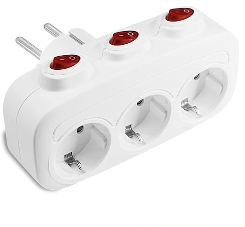 Steckdosenadapter mit 3 horizontalen Steckdosen und 3 unabhängigen Schaltern - Mehrfachstecker für die Wand für Küche Büro(Weiß mit 3 Schaltern)