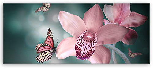 ge Bildet Bild auf Leinwand | Pflanzen Bilder - Orchideen mit Schmetterlingen - natur blumen in 100x40 cm als Panorama Wandbild | Wand-deko Dekoration Wohnung modern Bilder | 2207