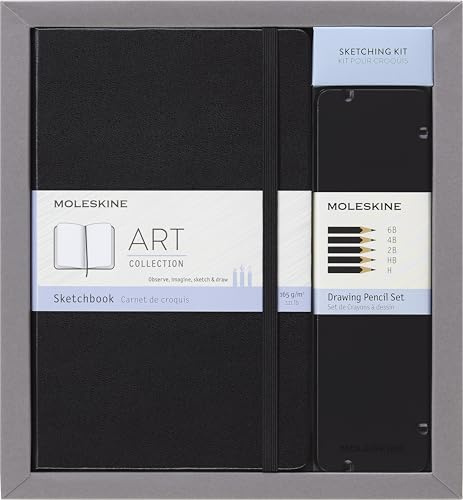 Moleskine Art Zeichen-Set, mit Set mit Skizzenbuch und Zeichenstiften, Schwarz, Large 13 x 21 cm