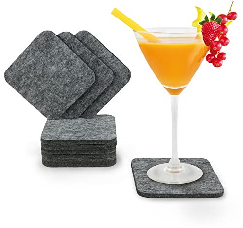 Tebewo 10er-Set Filz-Glas-Untersetzer - Premium-Untersetzer für Gläser, Tassen, Becher, Tisch und Bar, quadratisch/rechteckig oder rund (10cm (eckig), Dunkelgrau 1)