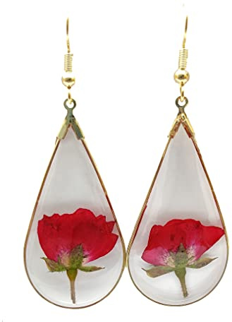 Orecchini Goccia Rosso Rose Rosas Naturale Resina Lacrime Placcato Oro 18k | Fiore Veri, Goccia d'acqua, Amore, Romantico, Donna, Handmade, Carino, Personalità, Fai-da-te, Gioielli