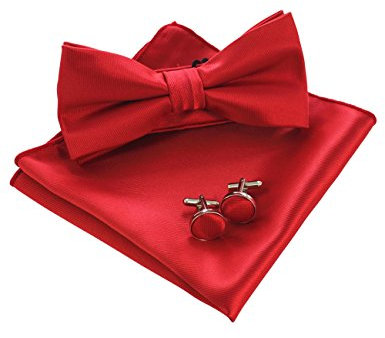 JEMYGINS Noeud Papillon Homme Rouge en Soie Réglable Couleur Unie Plusieurs Couleurs Disponibles de Mariage et Boutons de Manchette et Carré de poche Ensemble Compris Boîte(9)