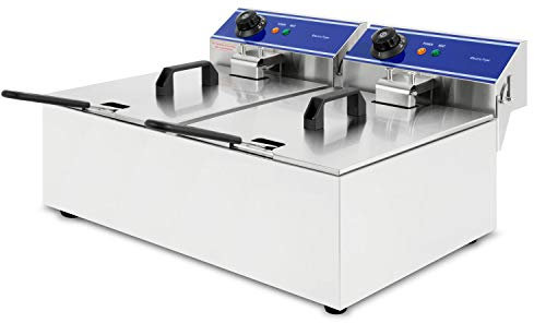 VERTES Friggitrice elettrica professionale 2x 10L, 6000W, 230V, principio della zona fredda, temperatura 50-200°C, 2 cestelli di frittura, funzione reset, acciaio inox, funzionamento a olio