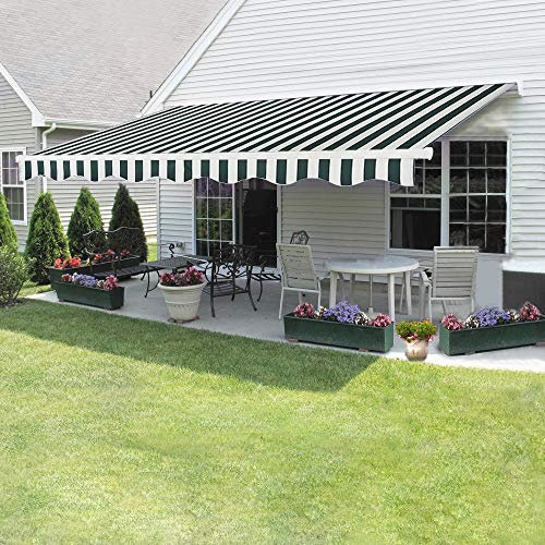 Manual Awning Canopy Outdoor Patio Garden Sun Shade Shelter Top Fabric with Winding Handle Multiple Colors & Sizes (4 x 3m, Green-White Strip)