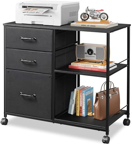 DEVAISE 3 Drawer Mobile File Cabinet, Rolling Printer Stand with Open Storage Shelf, Fabric Lateral Filing Cabinet fits A4 or Letter Size for Home Office, Black