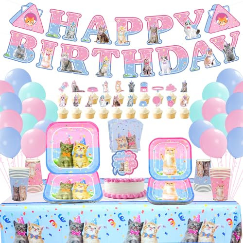 Katzen-Party-Dekorations-Zubehör-Set, Kätzchen-Geschirr, inklusive Happy Birthday-Banner, Macaron,Luftballons, Speiseteller, Dessertteller, Servietten,Tassen, Besteck, Cupcake-Topper – für 20 Stück