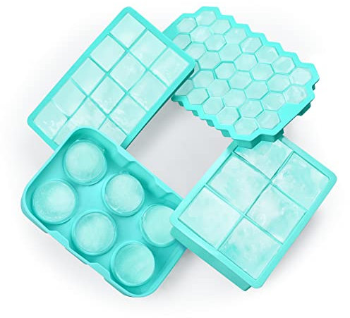 4er Pack Eiswürfelform Silikon, Sintwo Eiswürfelbehälter Silikon mit Deckel, 6+6+15+37 Fach LFGB Zertifiziert und BPA Frei , Ice Cube Tray für Whisky Cocktails Saft