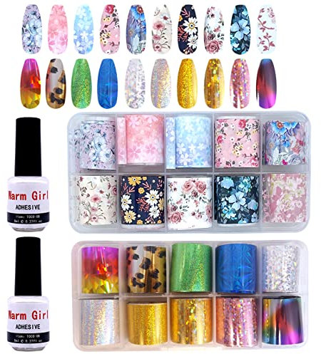 Warm Girl Nail Art Foil Glue Gel with 10 Flowers sticker Set, 10 Theme Laser Tie-Dyes, Nail Transfer Foil for Gel Nails Extensions, Nail Foil Transfer Tips Manicure Art DIY