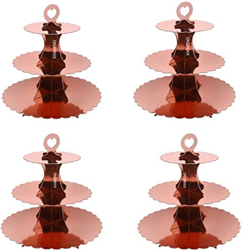 XIXIMENG 4 PACK Cardboard Cupcake Stand 3- Tier lace edge Dessert Stand, Cardboard Cupcake Stand (Rose Gold)