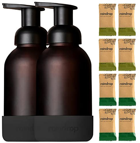 Raindrop Sustainable Hand Soap Starter Pack, 2x Reusable Foaming Glass Dispenser Bottles and 8x Eco-friendly Hand Wash Refill Tablets and, Multipack, for Kitchen and Bathroom (Black Silicone Base)