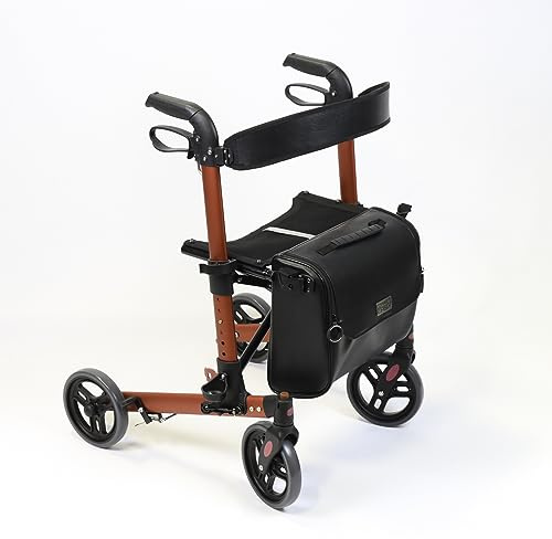 NRS Compact Easy Lightweight Folding 4 Wheeled Rollator Walking Aid with Seat, Backrest and Removable Bag, Red