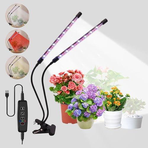 MR.HOKWY Grow Lights for Indoor Plants - Full Spectrum Led Grow Light with Timer, Double Headed Plant Grow Light with Clip, 3 Switch Modes, 10 Dimming Levels, for Seedlings and Succulent Plants