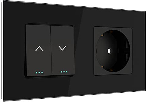PULSAR Rolladentaster mit Steckdose Schwarz 2 Fach Glas - Jalousietaster Unterputz Steuerung für Rollo/Rouleau/Jalousette Taster mit Wandsteckdose 16A 250V