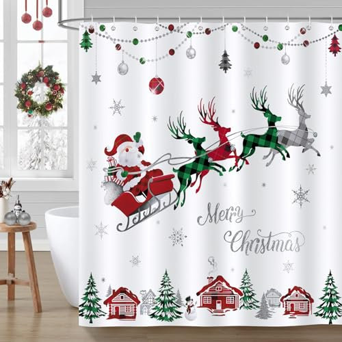 Bonhause Rideau de Douche Joyeux Noël - Père Noël, Traîneau, Renne, Plaid - Bain Tissu Polyester Anti Moisissure Imperméable Lavable - Salle de Bain 180 x 180 cm avec 12 Crochets