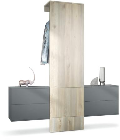 Vladon Garderobe Carlton Set 3, Made in Germany, Wandgarderobe aus Flur-Paneel & 2 Schubladen-Kommoden, Anthrazit matt/Eiche Nordic (157 x 193 x 35 cm)