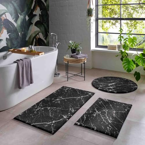 Taracarpet Badematte Badteppich für das Badezimmer waschbar in der Waschmachine Blitz Marmor Abstrakt Muster schwarz-weiß 080x150 cm