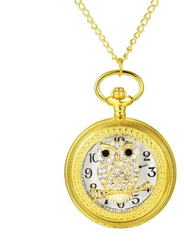 Taschenuhr Strasssteine Eule Quarz Uhr: Gold Taschenuhren mit Arabischen Ziffern Pulloverkette Analoge Uhr für Herren Damen als Geschenke für Muttertag Vatertags Weihnachten Geburtstag