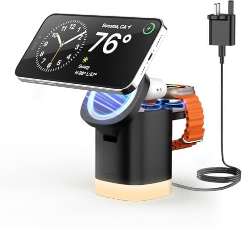 JoyGeek 3-in-1 Charger Stand for Magsafe, Foldable Wireless Charging Station with Night Lights, Magnetic Charger Dock for iPhone 16/15/14/13/12 Pro/Max, AirPods 4-2, Apple Watch 2-10/Ultra (Black)