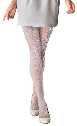 LANAFAY Mujeres Floral Lace Pantimedias Mallas, Medias de Encaje, Mujer Sexy Medias Blancas, Mujer Medias de Rejilla, para Faldas, Uniformes, Tacones Altos (Blanco)