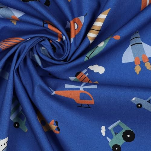 Stoff Meterware Kinderstoff Baumwollstoff Baumwolle - 1 Meter, Nähen, Bettwäsche, Kinder, Baby, Jungen, Mädchen, Bekleidung, Deko (Fahrzeuge Rakete Schiff Blau)