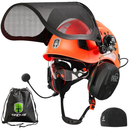 GREEN DEVIL Casque de protection pour tronçonneuse - Casque de sécurité avec protection auditive Bluetooth - Cache-oreilles et protection du visage - Double couche - Protection des yeux 5 en 1 - EN397