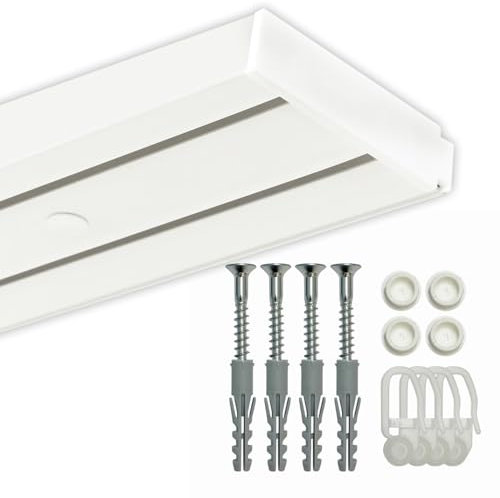 GARDINEUM - 2-läufige Gardinenschiene, Vorhangschiene aus Kunststoff, vorgebohrt, Komplettset mit Zubehör, bis 2 m erhältlich (3,60 m (2 x 1,80 m + Verbinder))